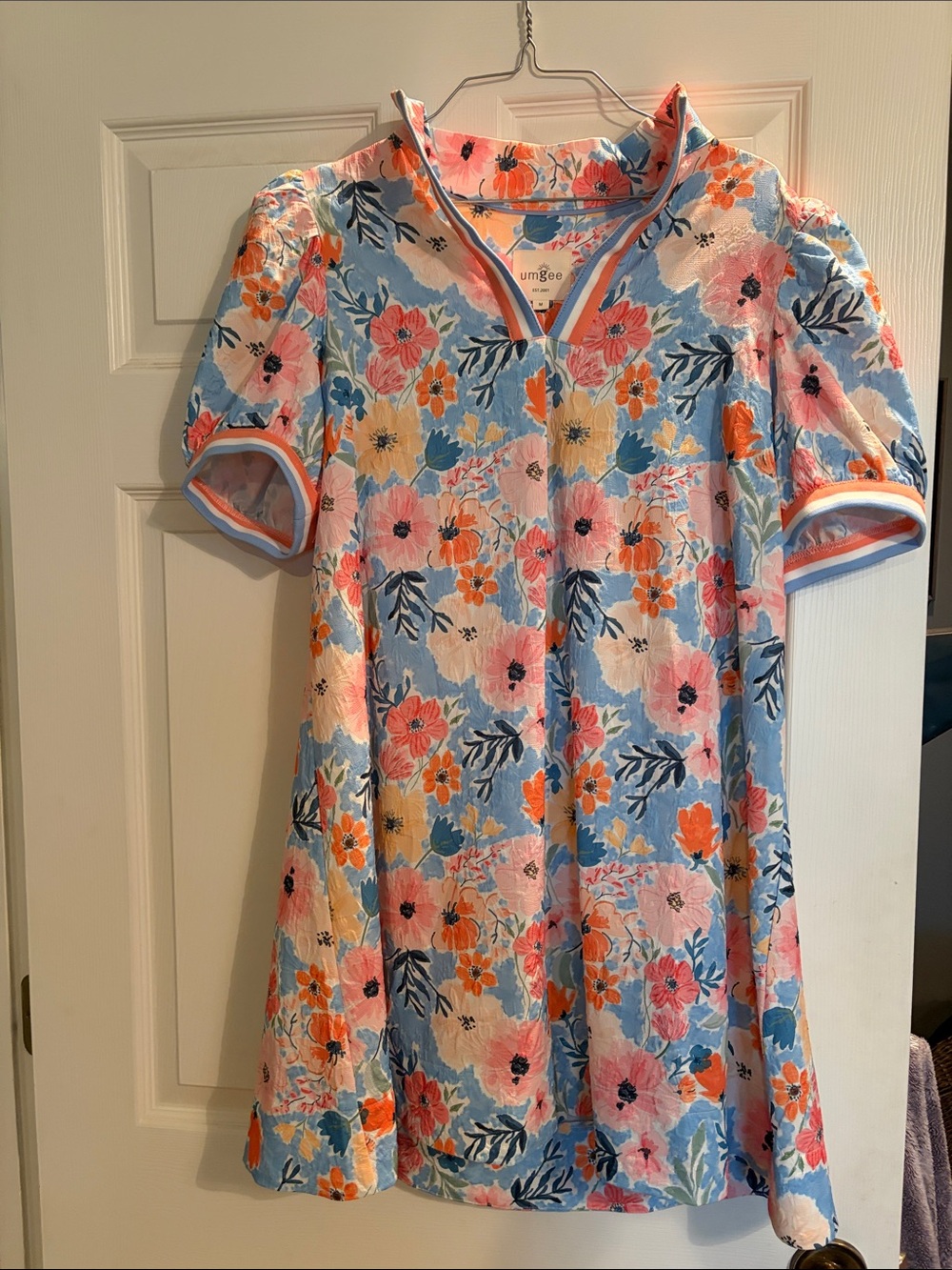 Umgee Blue Floral Short Puff-Sleeve A-Line Dress